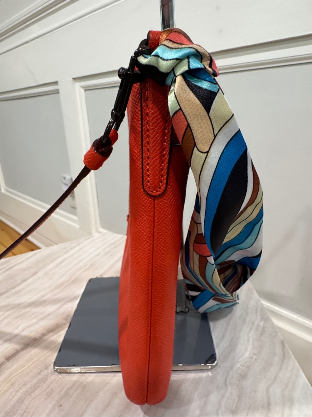 Coach Bag Kitt Orange Rusted Red Leather Crossbody with Patterned Scarf - Picture 7 of 17